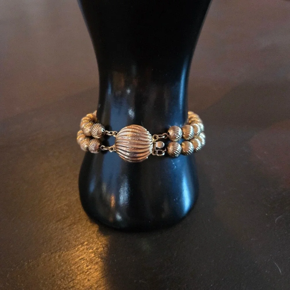 Vintage Style Double Strand Gold Tone Ribbed Bead Bracelet Statement Jewelry
